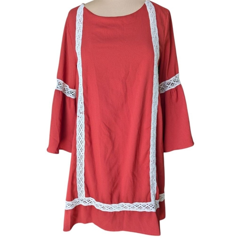 Umgee Shift Dress Rust Red Crochet Lace Bell Sleeve Sz S Boho Peasant Retro 70s